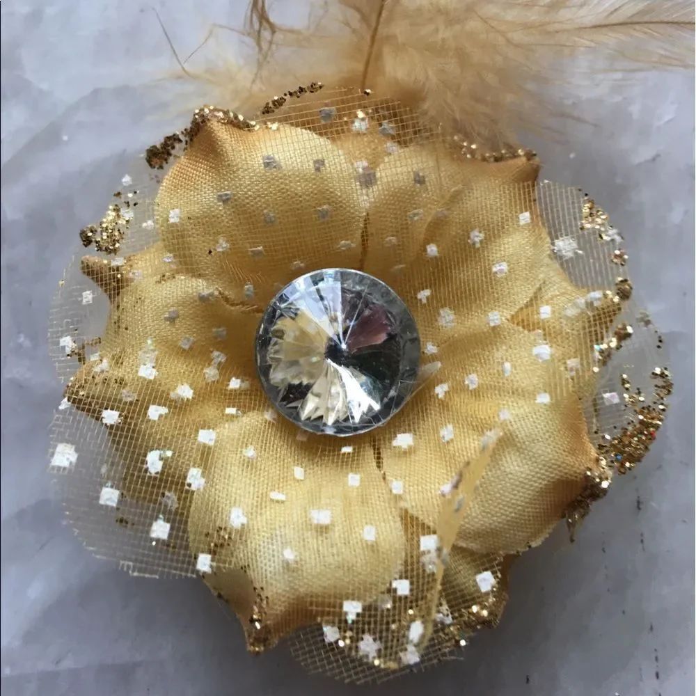 Golden Flower w Feather Hair Clip !!